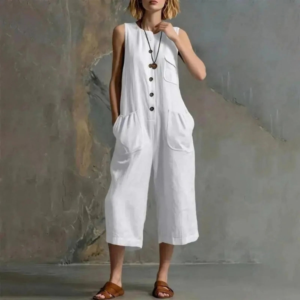 A woman models a white sleeveless linen-look jumpsuit with front buttons and large patch pockets, standing against a textured gray wall. The brand name 'XJGOOD' is printed in black in the top-left corner.