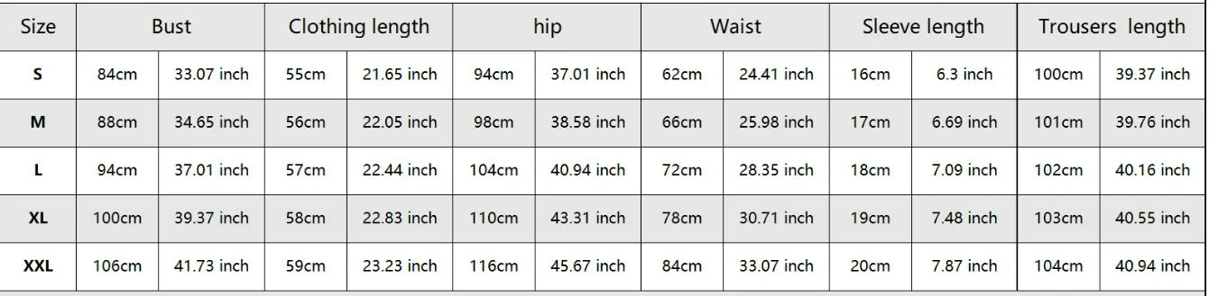 Size chart for clothing with measurements in inches