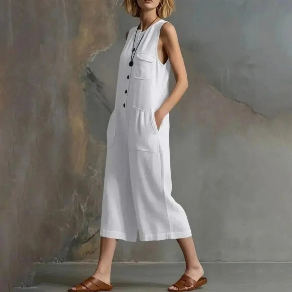 A woman models a white sleeveless wide-leg jumpsuit with front pockets and a button placket, paired with brown sandals, set against a textured gray wall. The brand name 'XJGOOD' is visible in the top left corner.