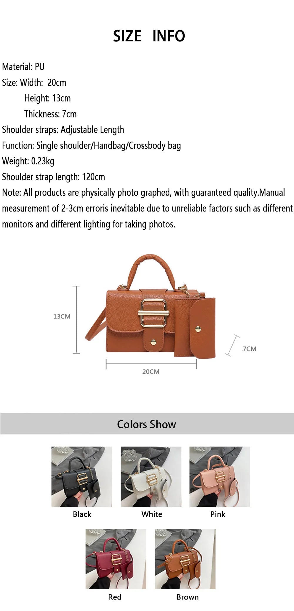 Product information card with a brown handbag, size details, and color options.