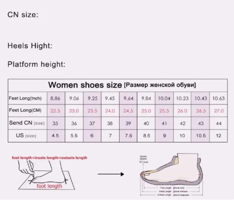 Shoe size chart for women with heel height and platform height information, featuring the brand 'XINGDIKU'.