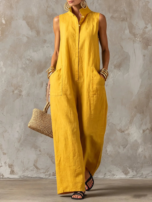 Sleeveless Collared Wide Leg Jumpsuit with Pockets