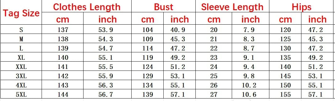 Table displaying clothing size chart with measurements for length, bust, sleeve, and hips.