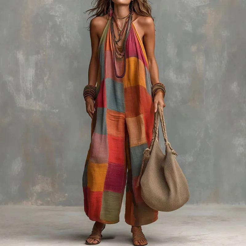 Bohemian Patchwork Halter Wide Leg Jumpsuit