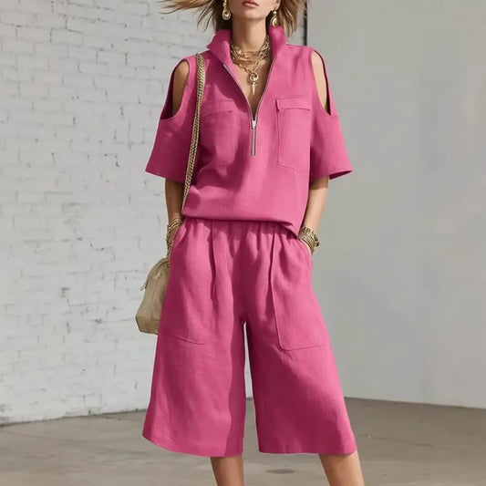 Cold Shoulder Zip Two-Piece Linen Set