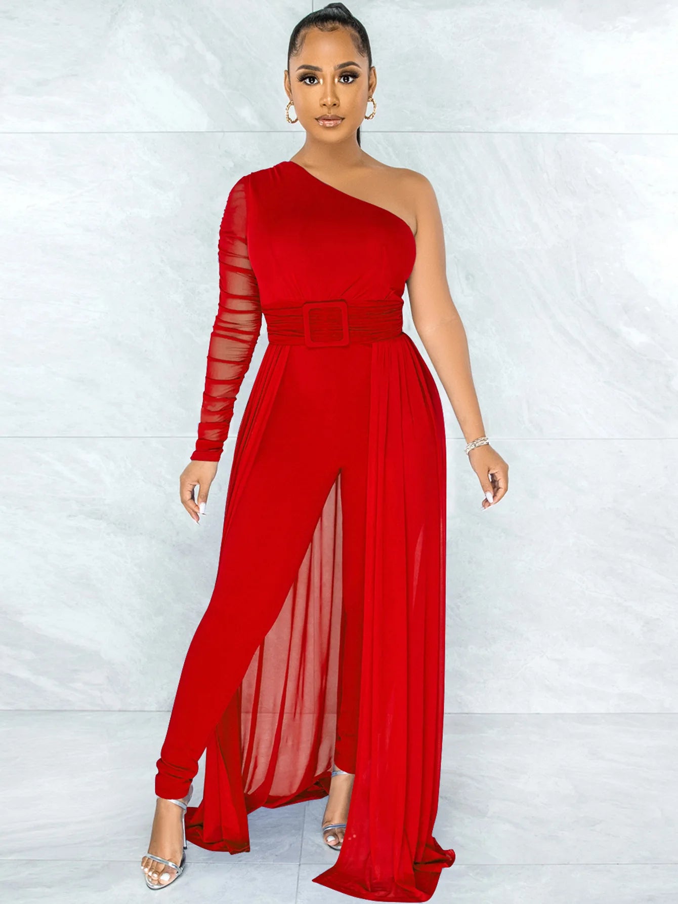 Elegant Red One-Shoulder Jumpsuit