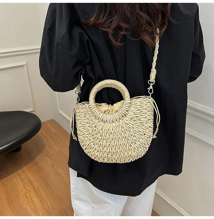 Handwoven Straw Half-Moon Bag