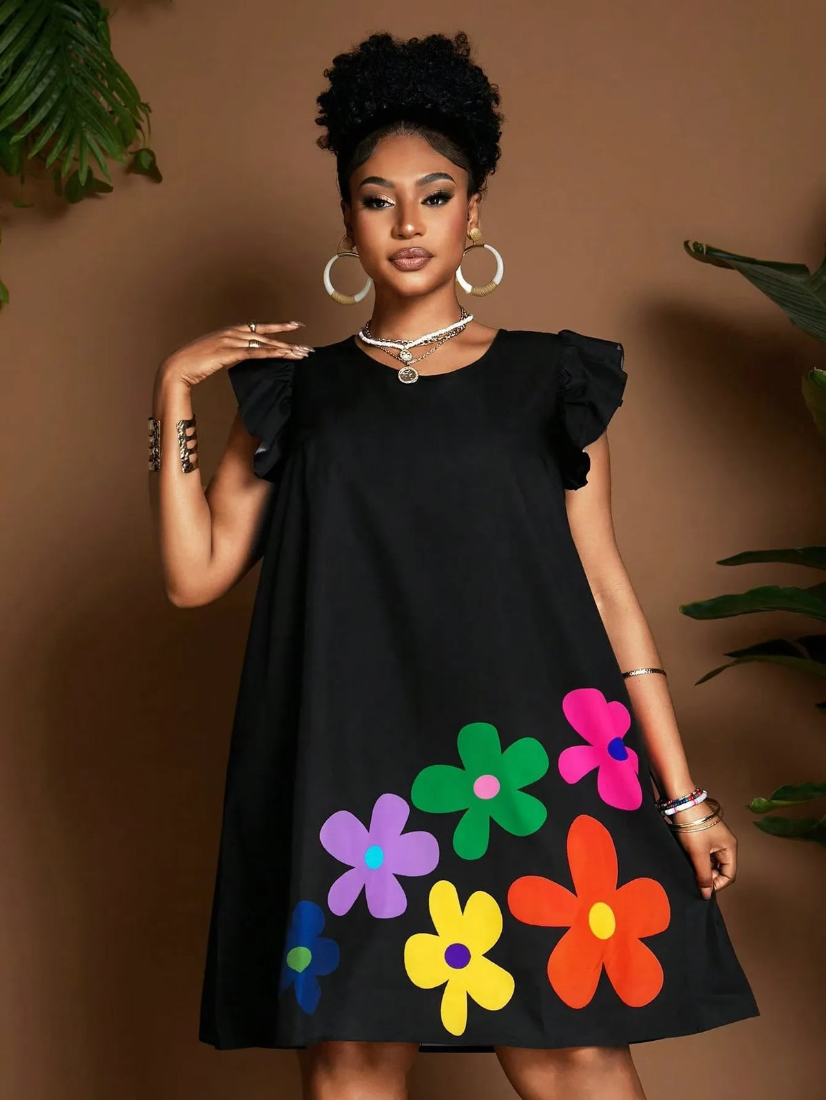 Vibrant Bloom Ruffle Sleeve Dress