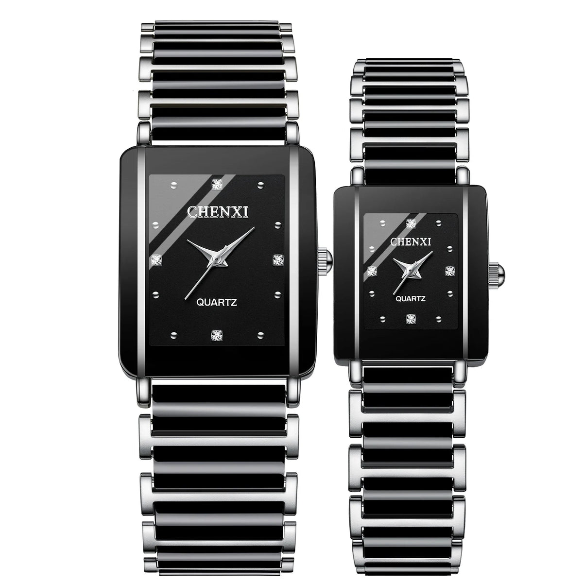 Two CHENXI watches with black faces and silver metal bands on a white background.