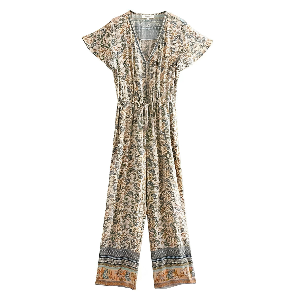 A short-sleeve V-neck jumpsuit with an all-over floral and paisley print in beige, brown, and muted blue, featuring a self-tie waist and patterned cuffs.