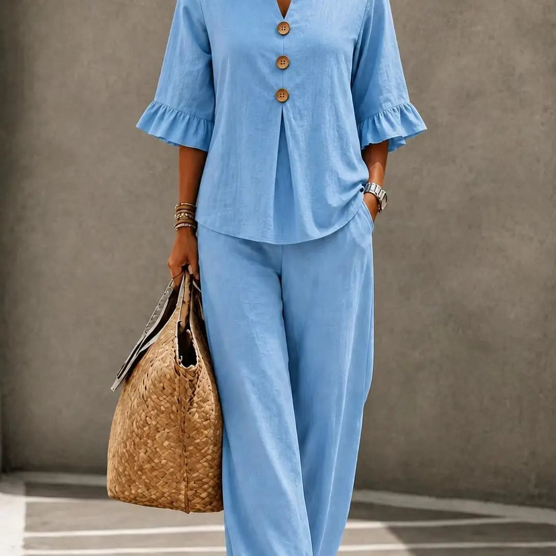 Ruffled Linen Look Two Piece Set