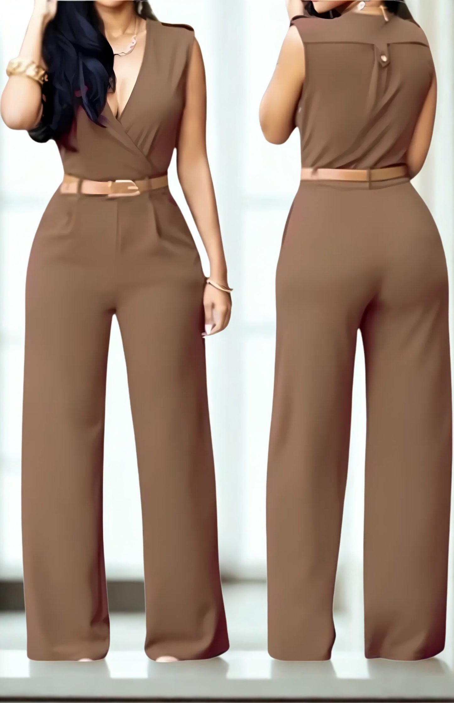 Brown jumpsuit worn by a model on a white background