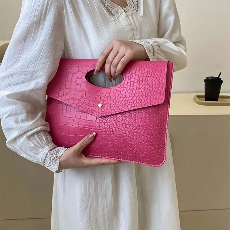 Hot pink Bold Envelope Evening Clutch featuring a crocodile-textured PU exterior and oval cutout handle.