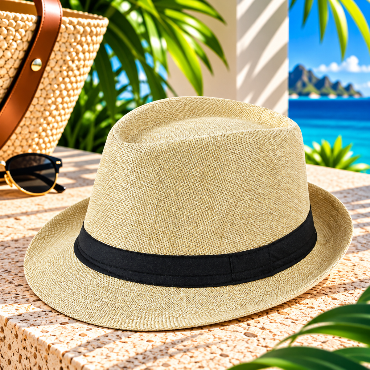 Apricot yellow woven fedora hat with black ribbon band and curved brim on a sunlit tropical resort terrace beside a woven beach tote and sunglasses, with palm greenery and ocean views.
