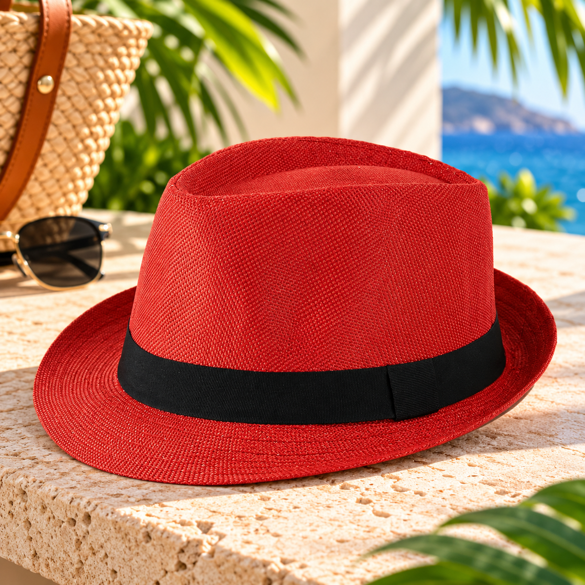 Bright red woven fedora hat with a black fabric band and short curved brim, displayed on a sunlit natural stone surface with tropical greenery, sunglasses, and an ocean-view resort background.