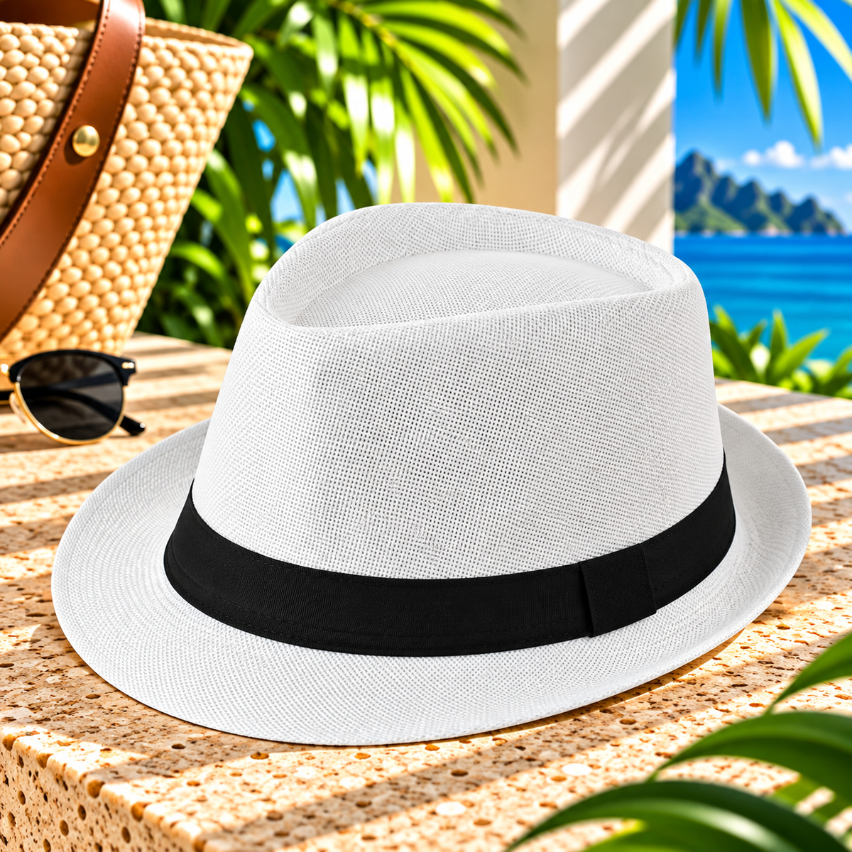 White woven fedora hat with black ribbon band and curved brim, displayed on a sunlit tropical resort terrace beside a woven tote and sunglasses, with palm greenery and ocean views.