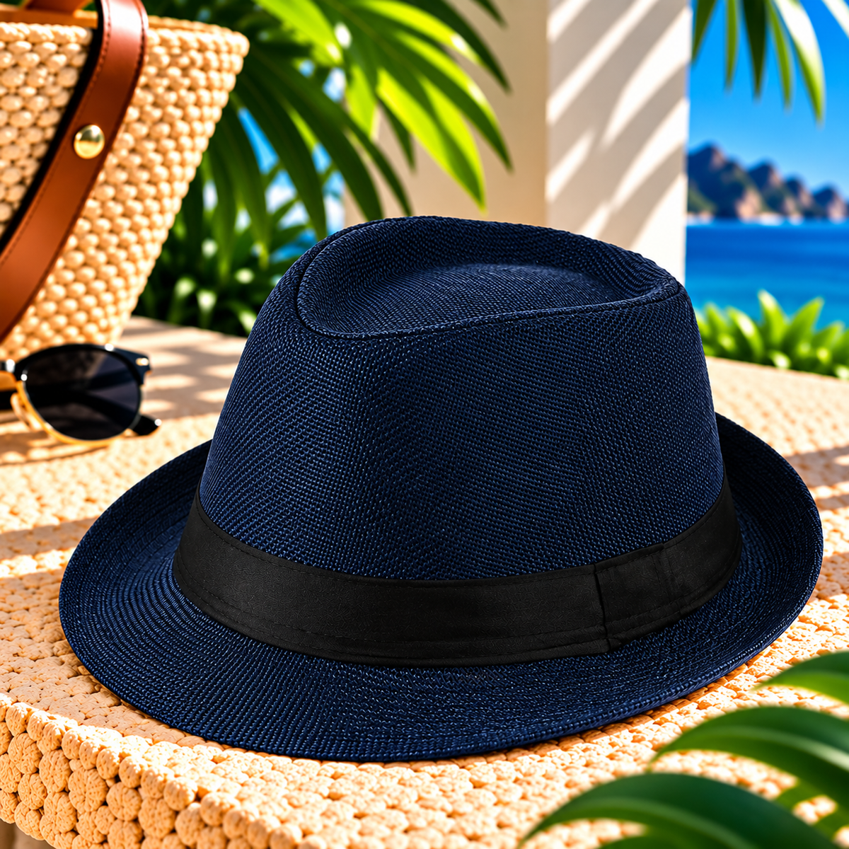 Deep navy blue woven fedora hat with black fabric band, pinched crown and curved brim displayed on a sunny tropical resort terrace beside a woven tote and sunglasses, with palm greenery and ocean views.
