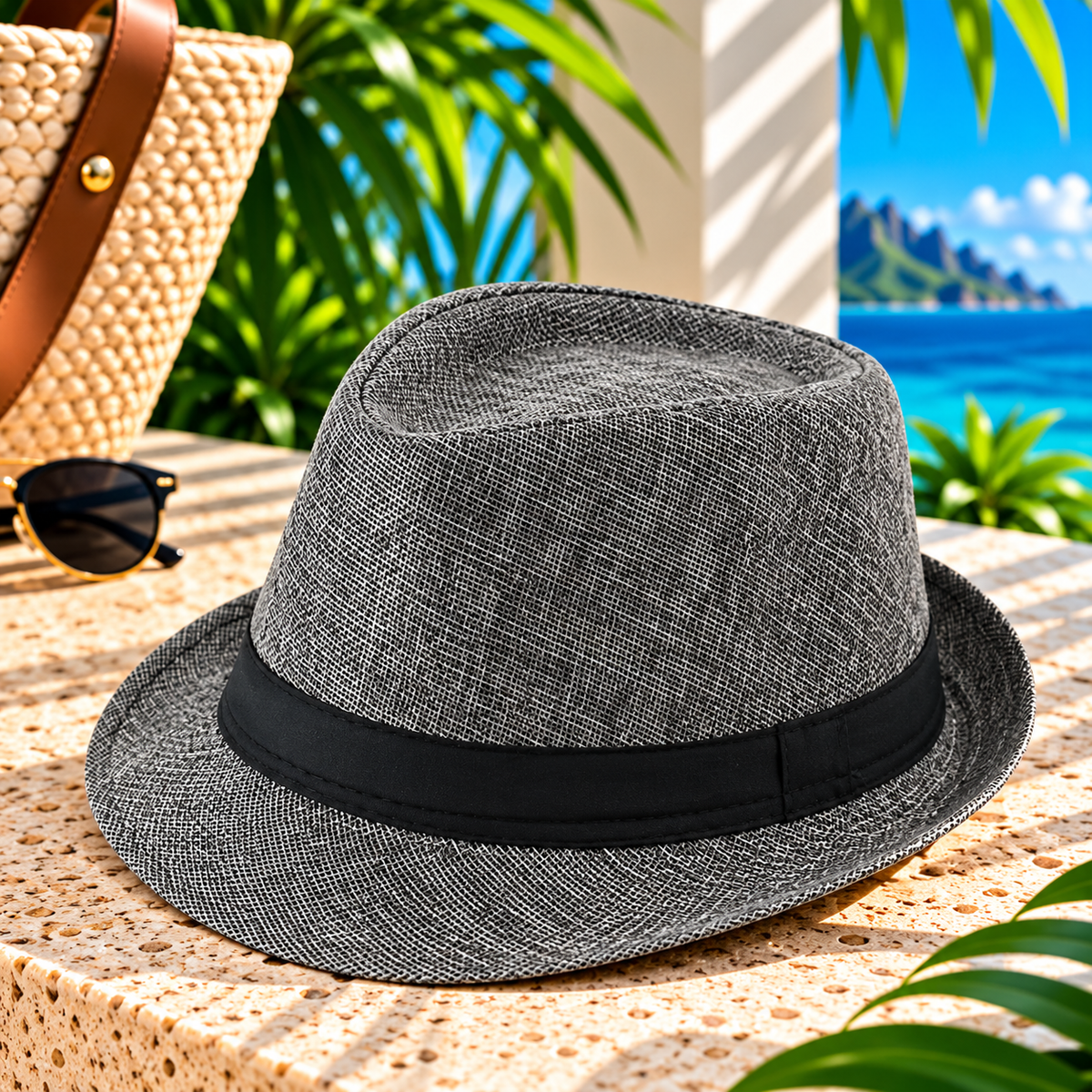 Gray woven fedora hat with black ribbon band and curved brim, displayed on a sunlit tropical resort terrace beside a woven beach tote and sunglasses, with palm greenery and ocean views.