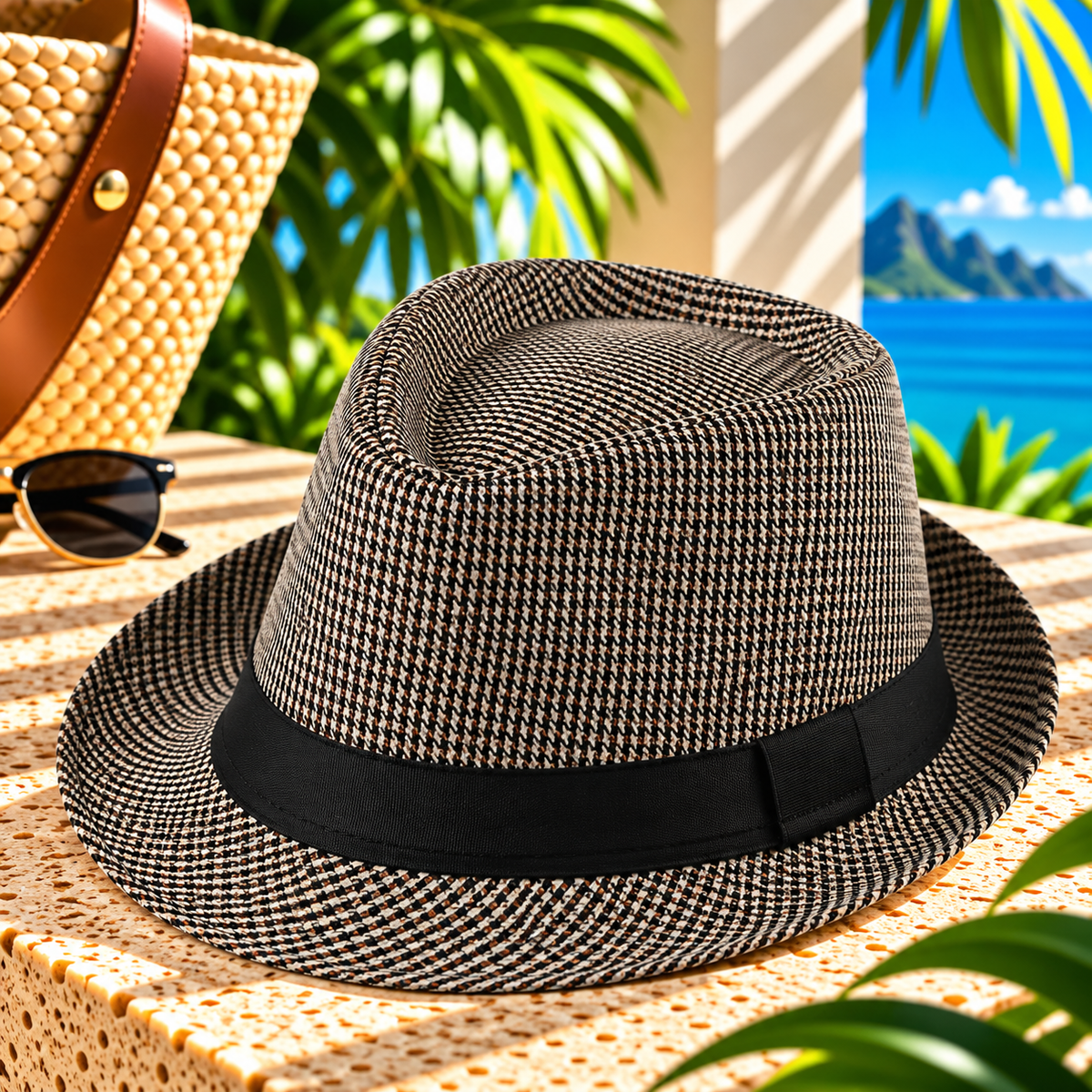 Black and brown fine-grid woven fedora hat with a black ribbon band and curved brim, displayed on a sunny tropical resort terrace beside a woven tote and sunglasses, with palm greenery and ocean views.