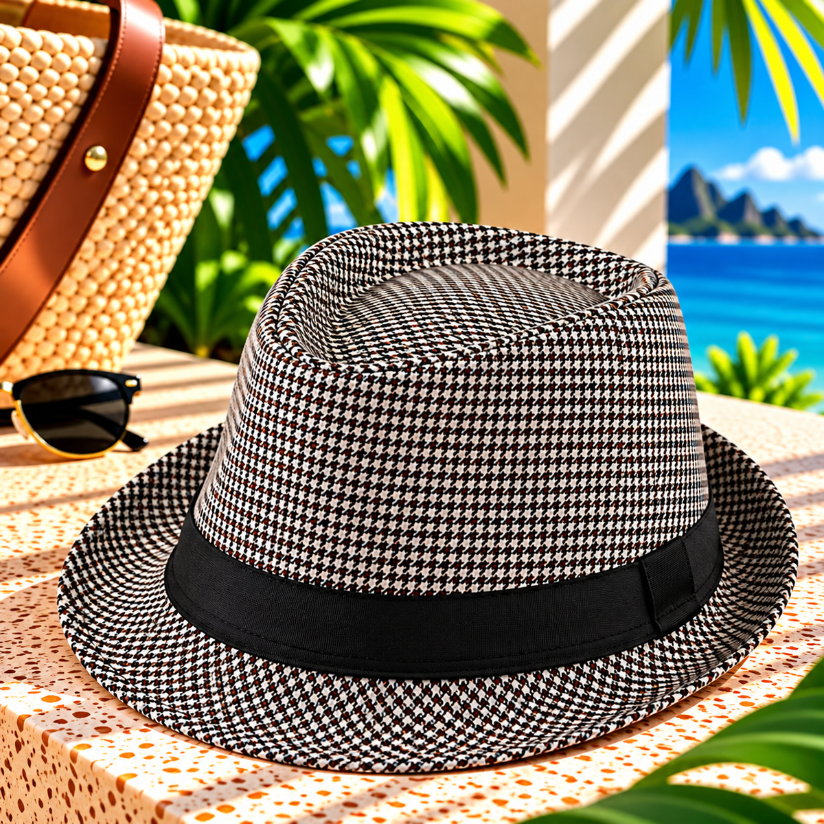 Black, coffee brown and white houndstooth grid fedora hat with a black ribbon band and curved brim, displayed on a sunlit tropical resort terrace beside a woven tote and sunglasses, with palm greenery and ocean views.