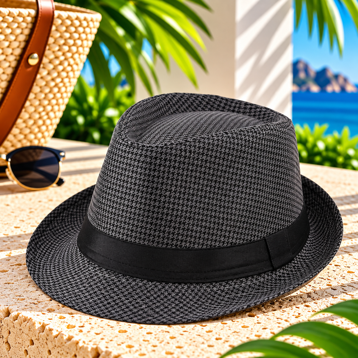 Iron gray micro-check patterned fedora hat with black ribbon band, pinched crown and short curved brim displayed on a sunlit stone terrace with straw tote, sunglasses, tropical greenery and blue ocean.