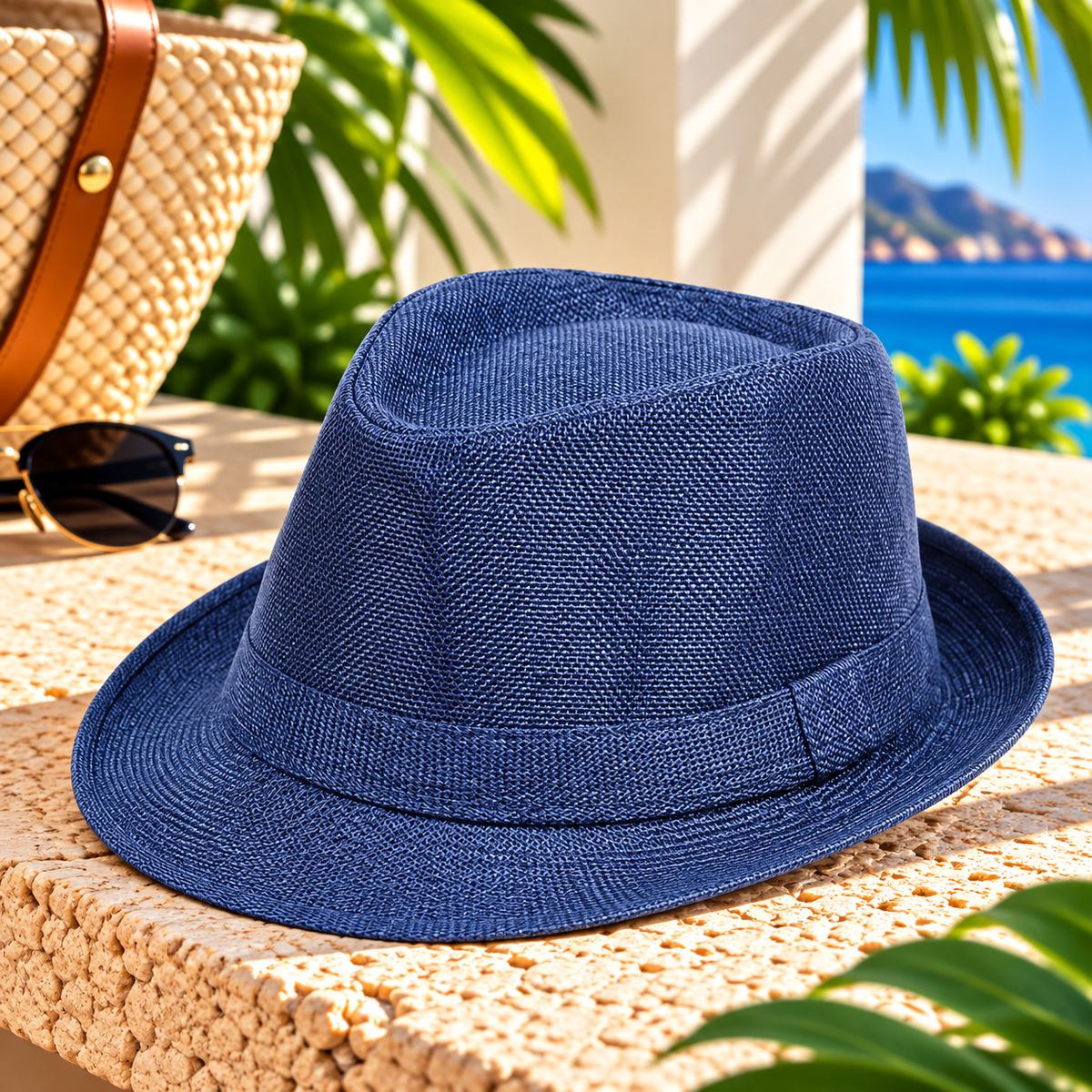 Navy blue woven fedora hat with matching textured band, pinched crown and short curved brim, displayed on a sunlit stone terrace beside a straw tote and sunglasses, with tropical greenery and blue ocean in the background.