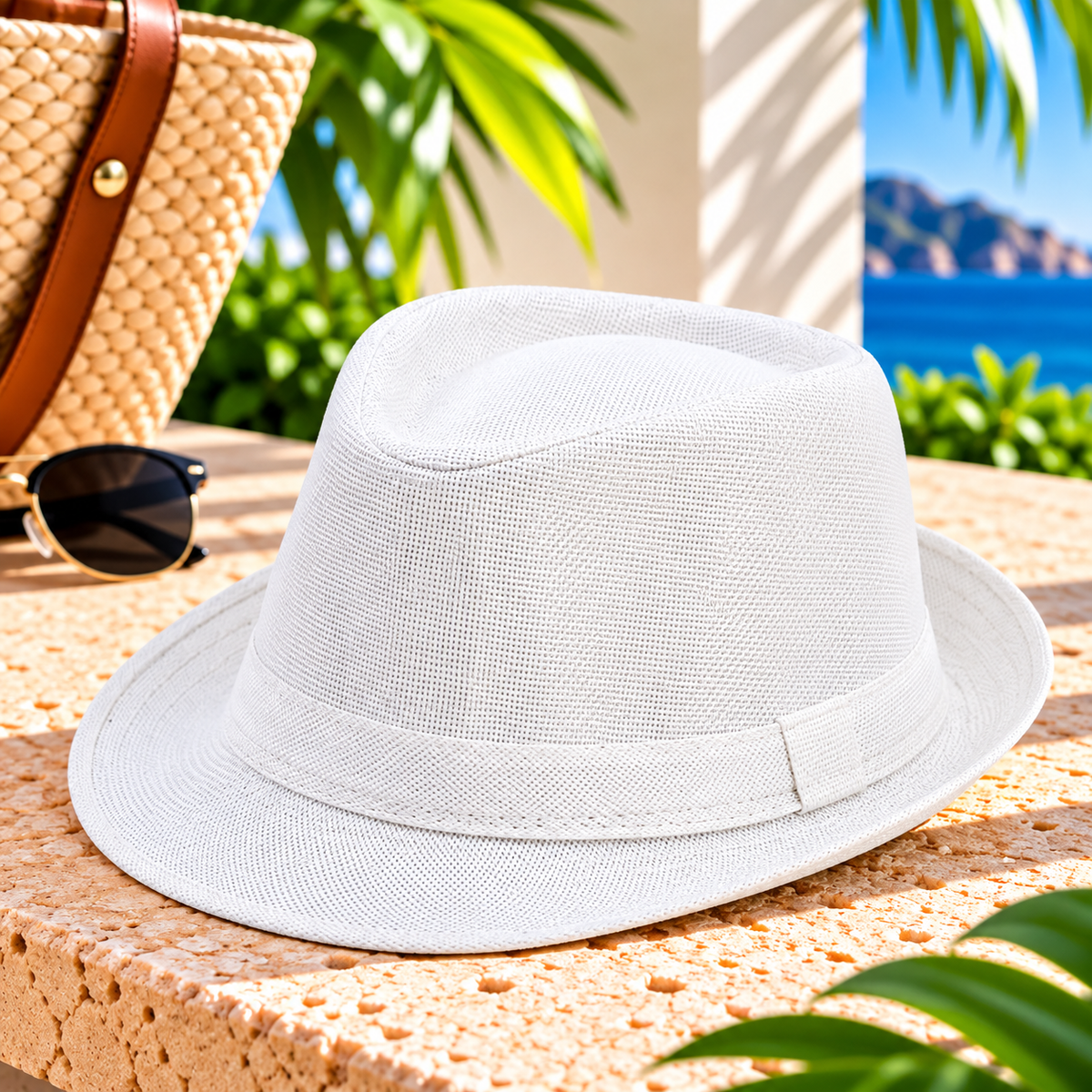 White woven fedora hat with matching fabric band and short curved brim, displayed on a sunlit stone terrace beside a woven handbag and sunglasses, with tropical greenery and blue ocean scenery.