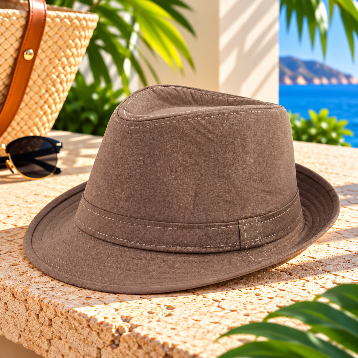 Light coffee brown fedora hat with a matching stitched fabric band and short curved brim, displayed on a sunlit stone surface with sunglasses, a woven handbag, tropical greenery, and ocean scenery.