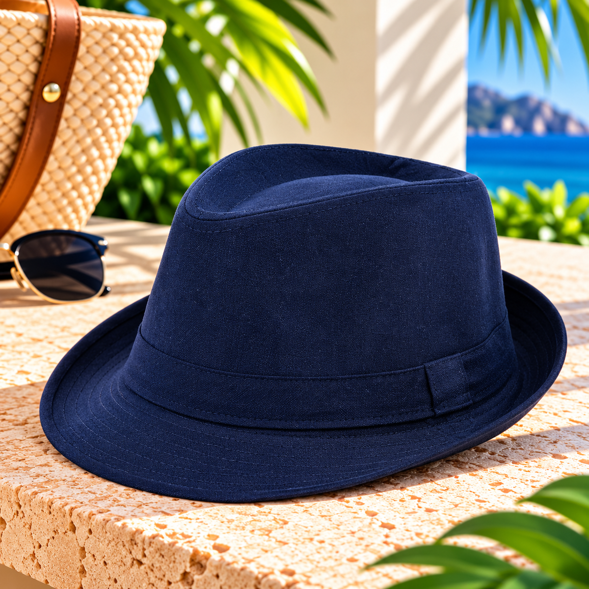 Navy blue fedora hat with matching fabric band, pinched crown and short curved brim, displayed on a sunlit stone terrace beside a woven handbag and sunglasses with tropical greenery and ocean scenery.