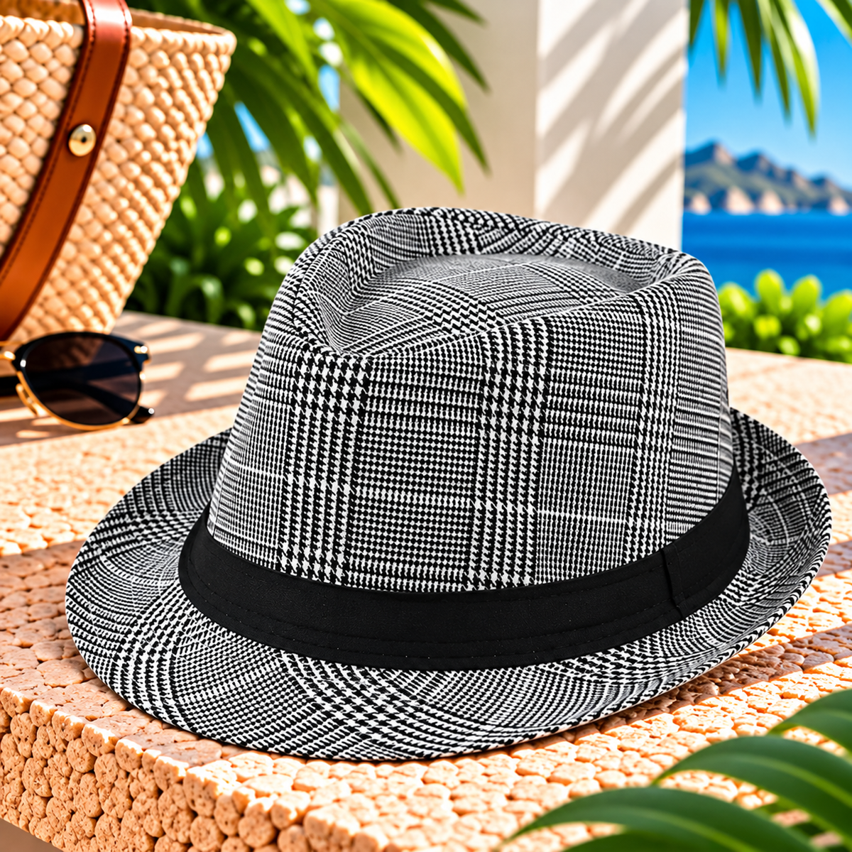 Black and white patterned fedora hat with a black fabric band, pinched crown and short curved brim, displayed on a sunlit stone terrace beside a woven resort tote and sunglasses with tropical greenery and ocean scenery.