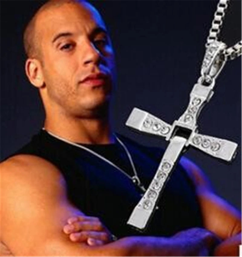 Crystal cross pendant men's necklace in gold and silver stainless steel and alloy