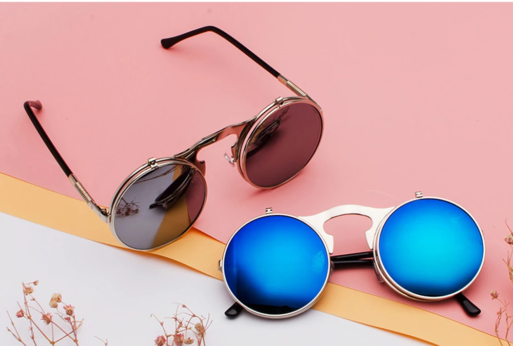 Vintage Steampunk Flip-Up Round Sunglasses