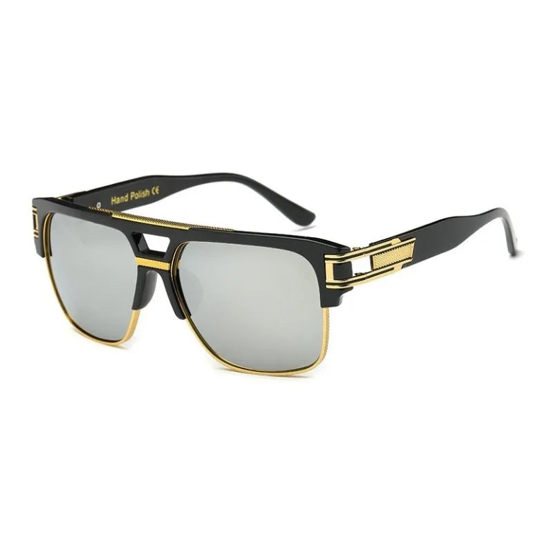 gold square designer sunglasses with a reflective surface