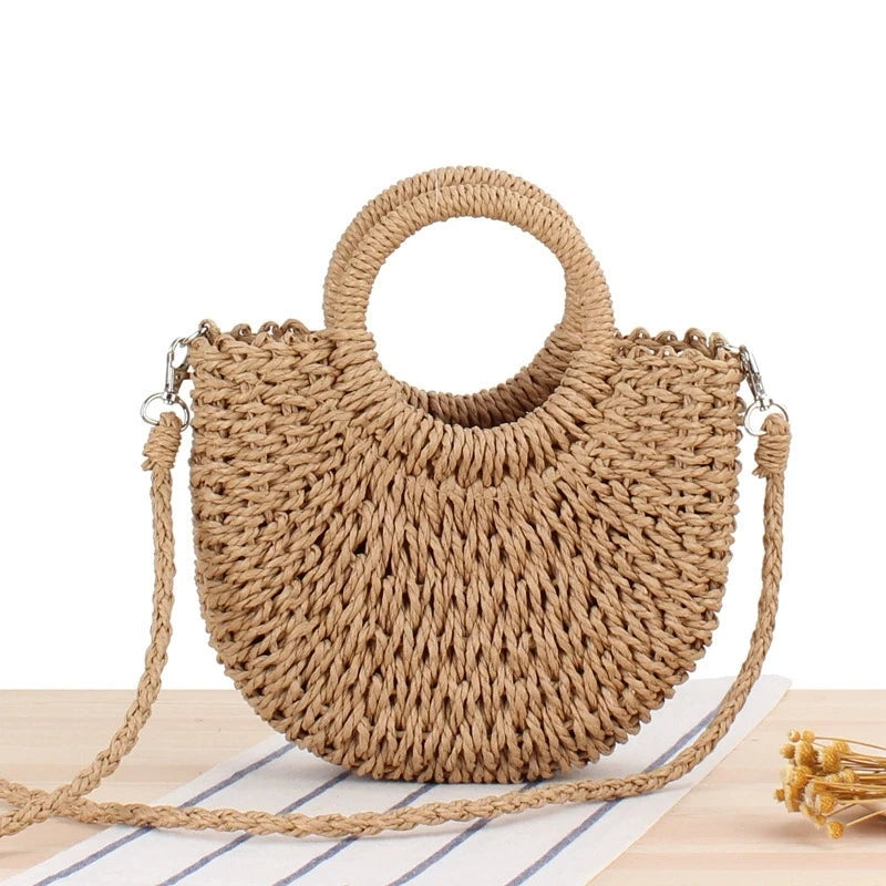 Trendy handwoven straw half-moon bag in Brown - boho woven handbag by ProLyf Styles