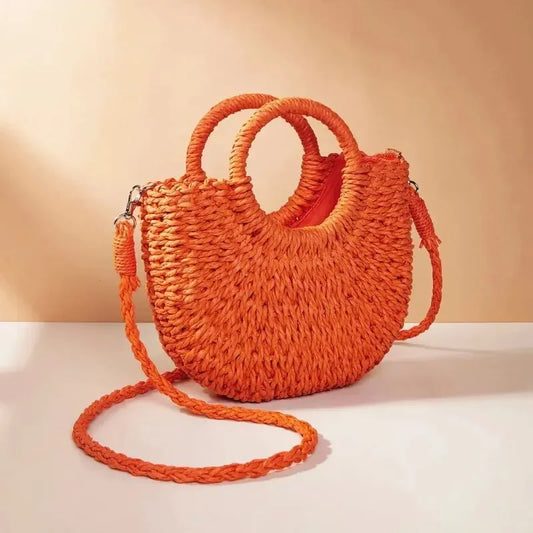 Handwoven straw half-moon bag in Rose Red - boho crossbody bag by ProLyf Styles
