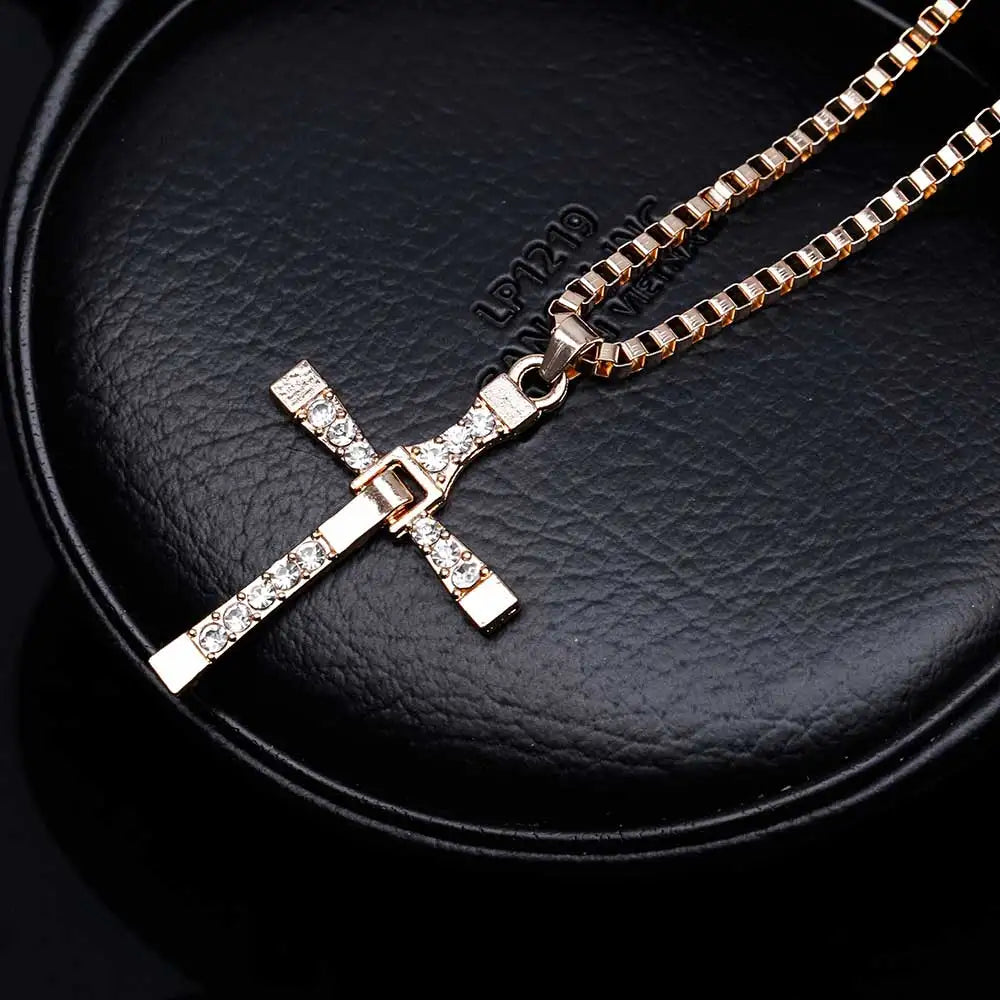 Men's gold cross necklace with crystal detailing on link chain