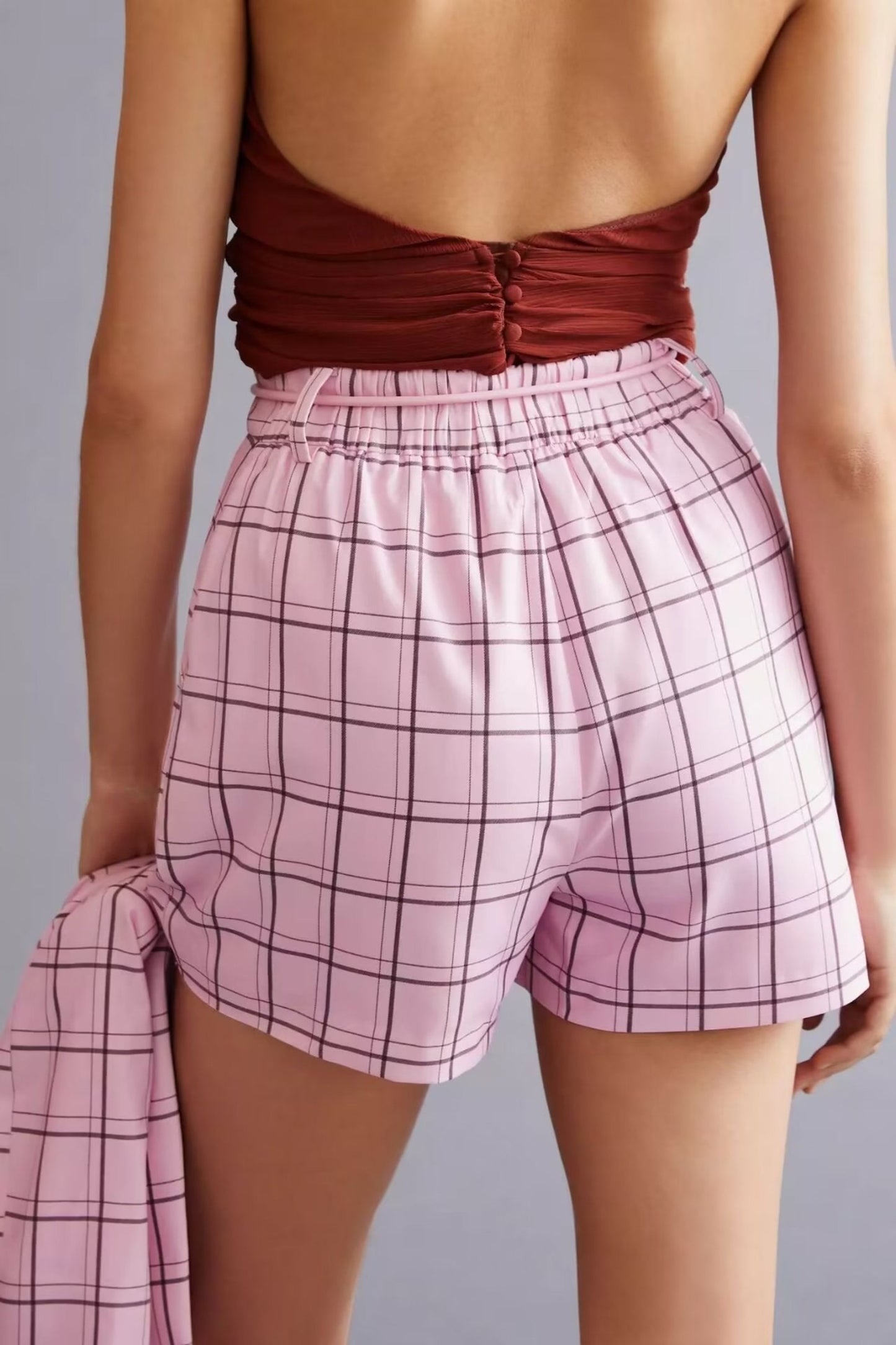 Pink Plaid Elastic Waist Dressy Shorts