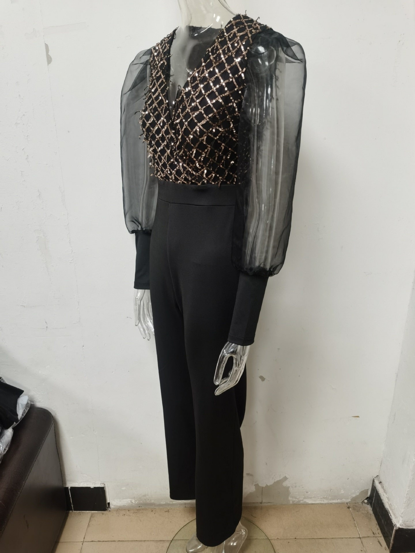 Mesh Long Sleeve Wide Leg Jumpsuit