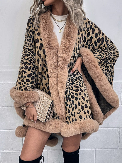 Leopard Print Fur Collar Cape Cardigan