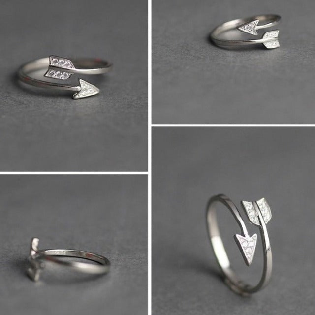 Silver plated trendy ring with arrow motif and crystal accents