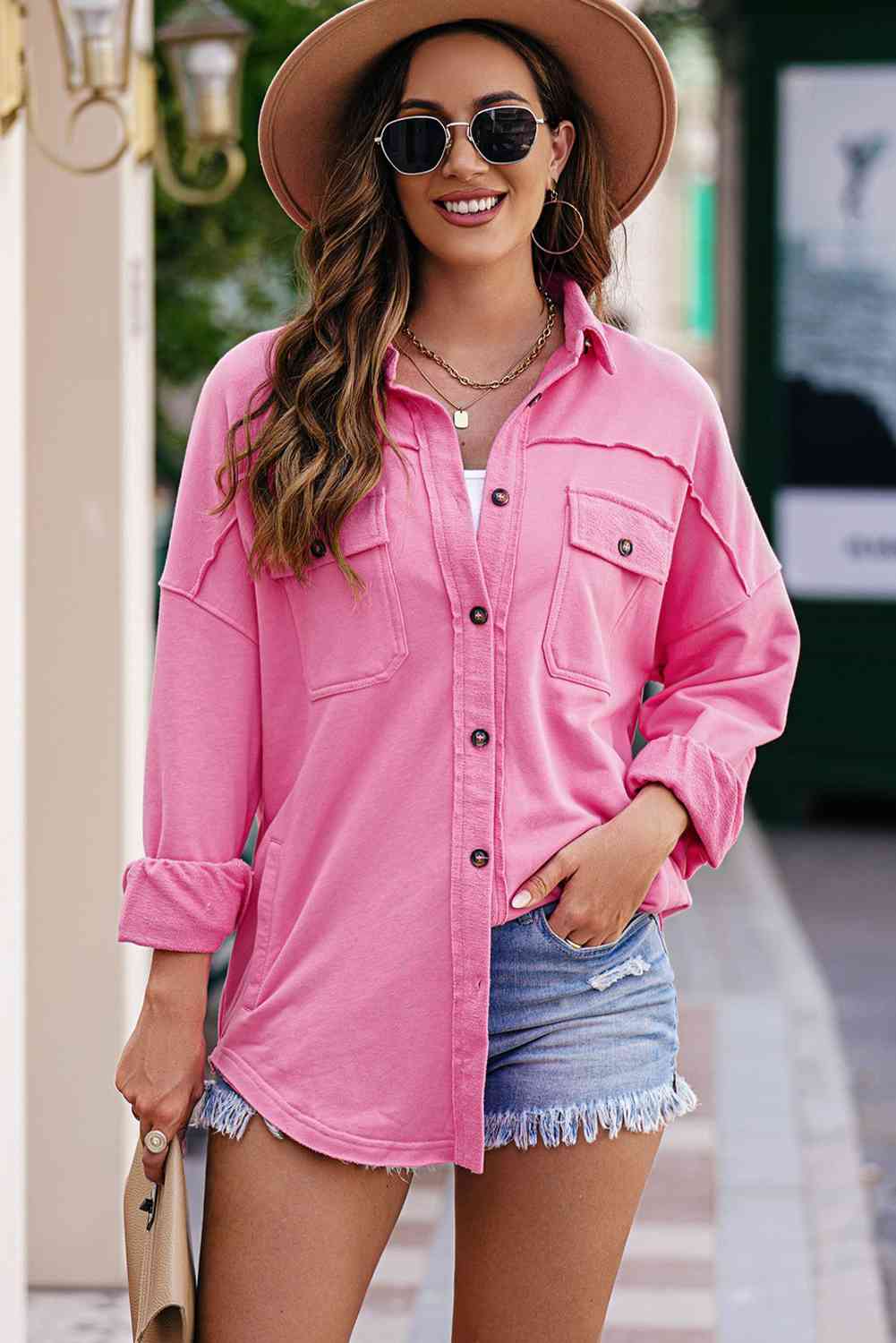 Button Front Shacket with Pockets - Pink: Prolyf Styles