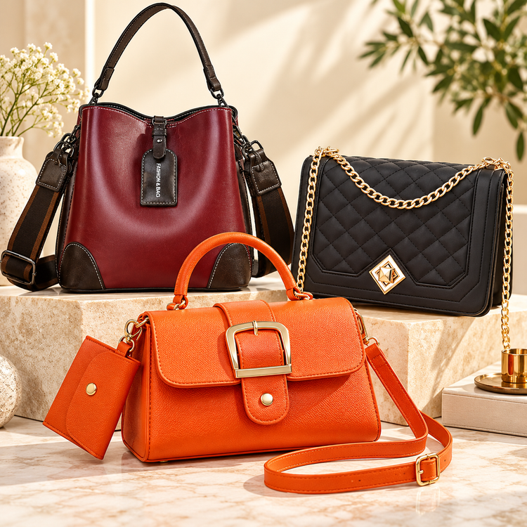 ProLyf Styles women's handbags collection featuring a burgundy shoulder bag, black quilted chain-strap handbag, and orange structured crossbody bag with gold buckle.