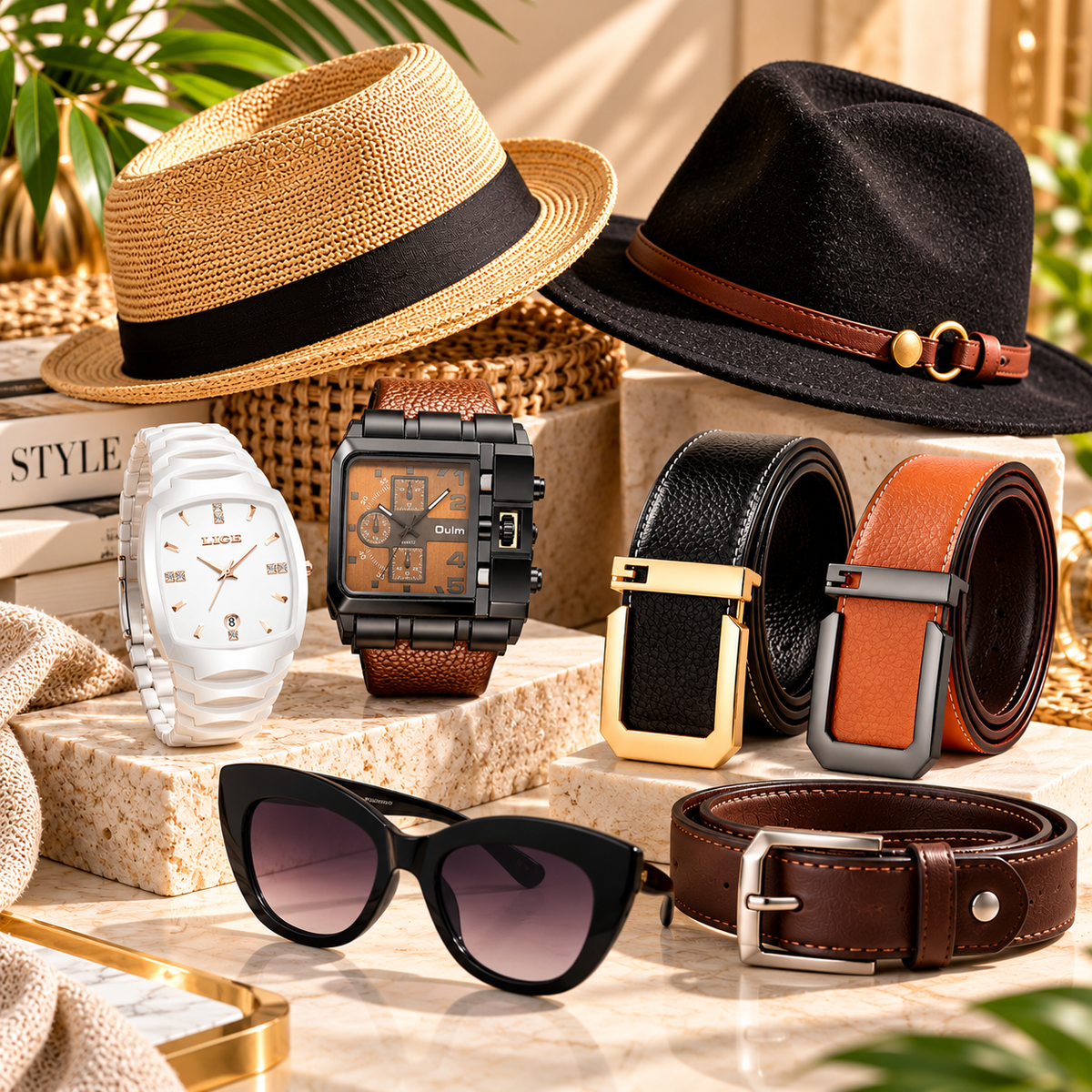 ProLyf Styles accessories collection showcasing women's and men's watches, fedora hats, leather belts and black cat-eye sunglasses in a warm, elegant boutique display.