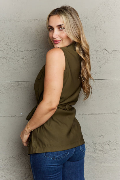 Green Sleeveless Collared Button Down Top