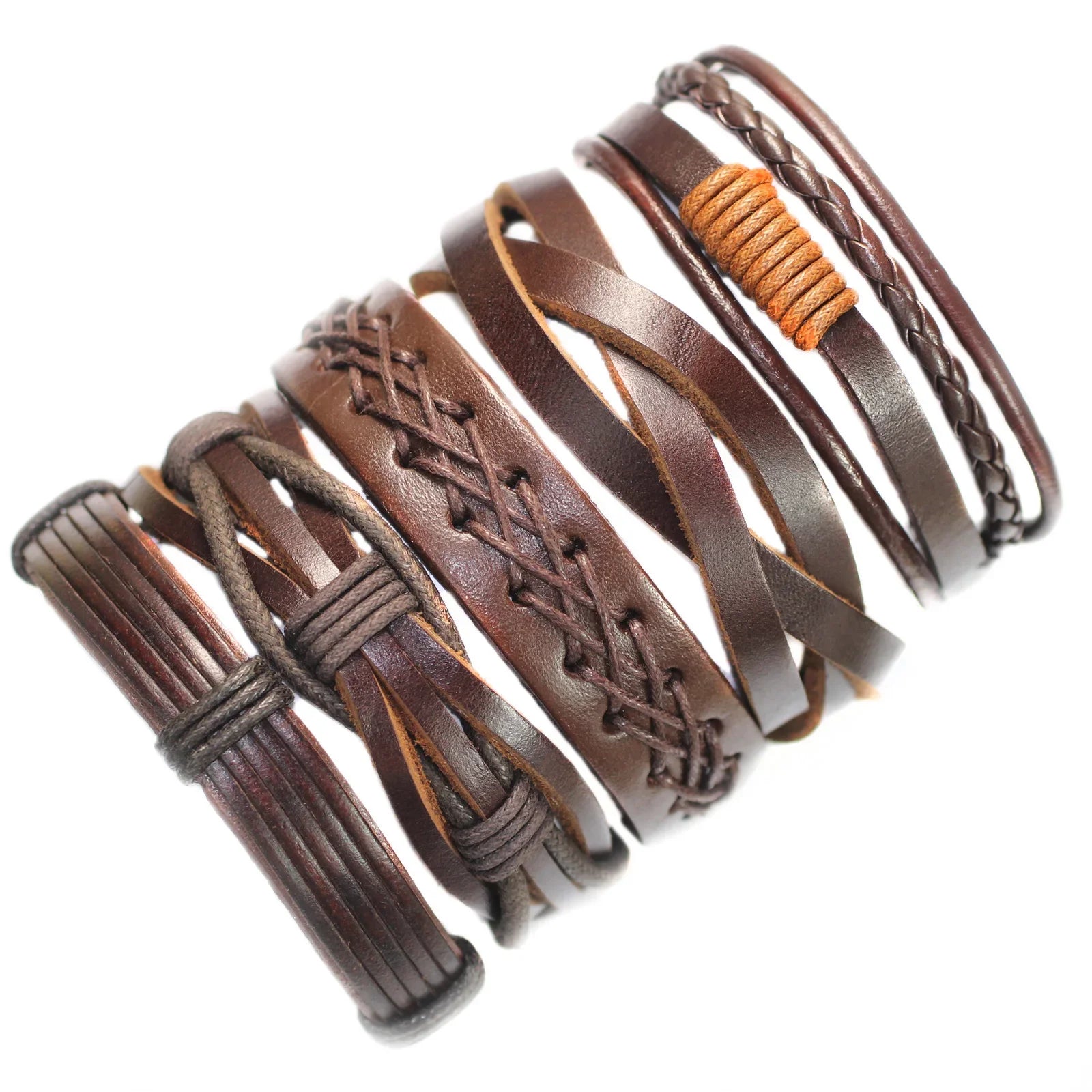 Set of brown leather bracelets with braided designs on a white background