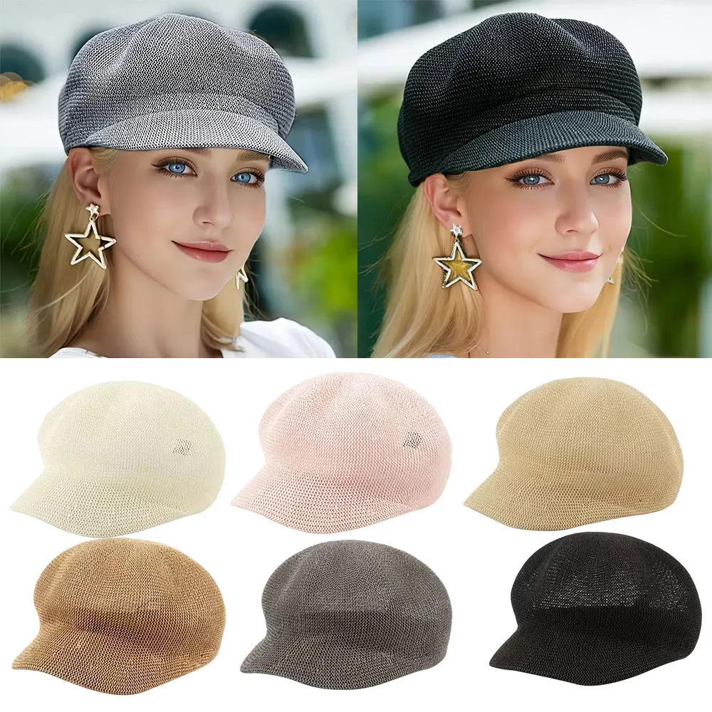 are shown, with two models wearing a gray and a black version at the top, and six color options at the bottom including cream, pink, tan, brown, charcoal, and black. The models are shown in a split-screen format against a blurred outdoor background.