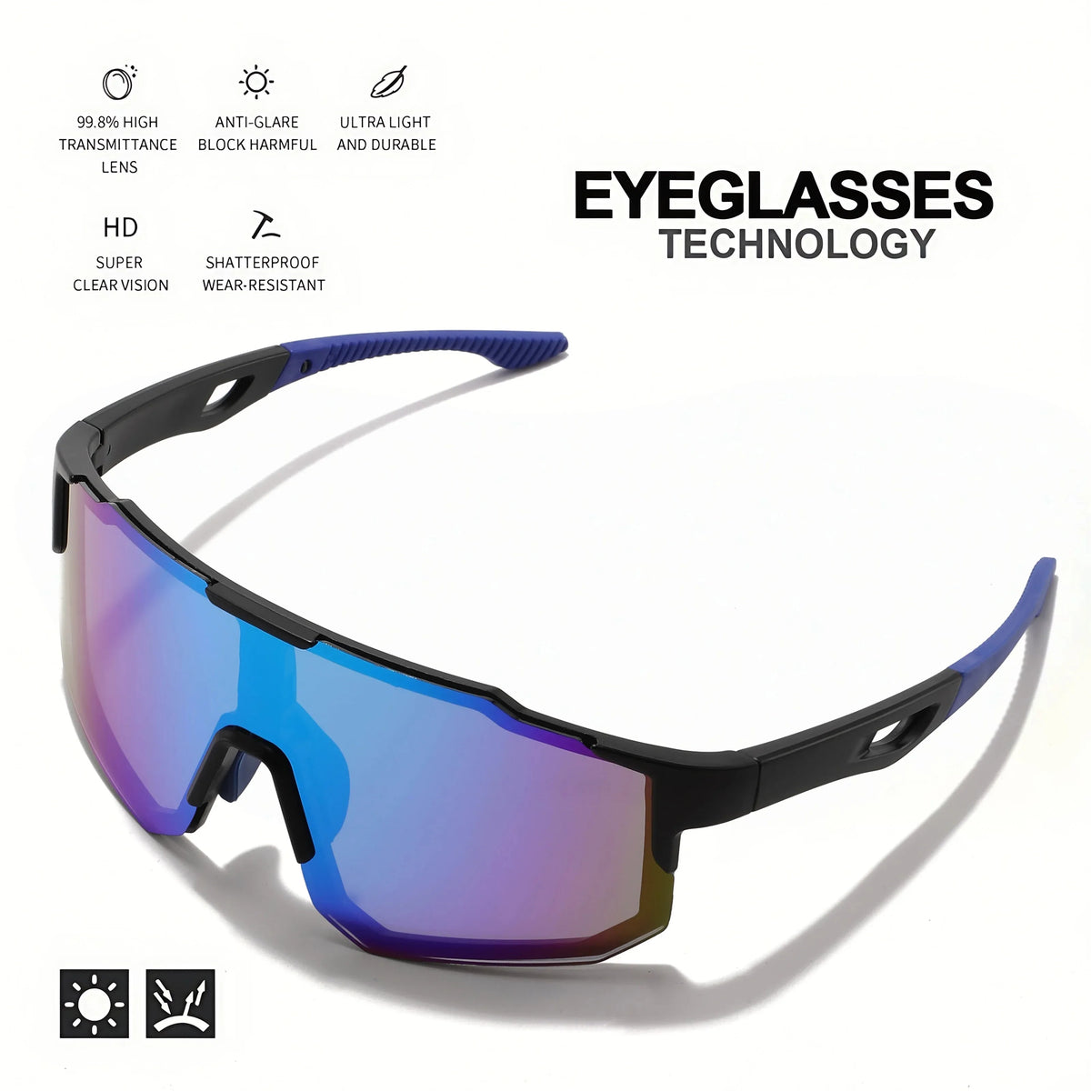 Sunglasses with blue and purple gradient lenses on a white background, featuring text about eyeglasses technology.