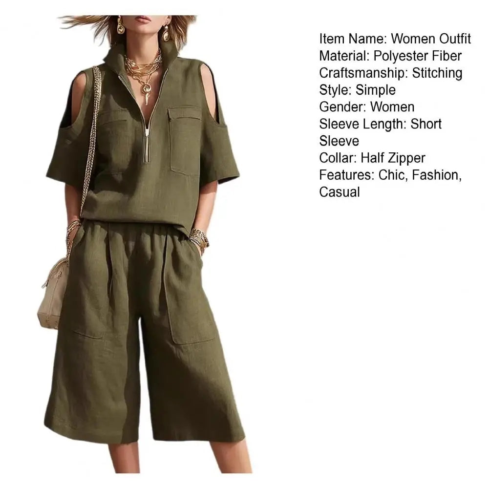 Cold Shoulder Zip Two-Piece Linen Set