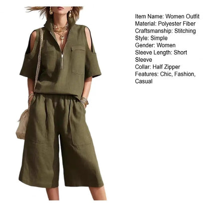 Cold Shoulder Zip Two-Piece Linen Set