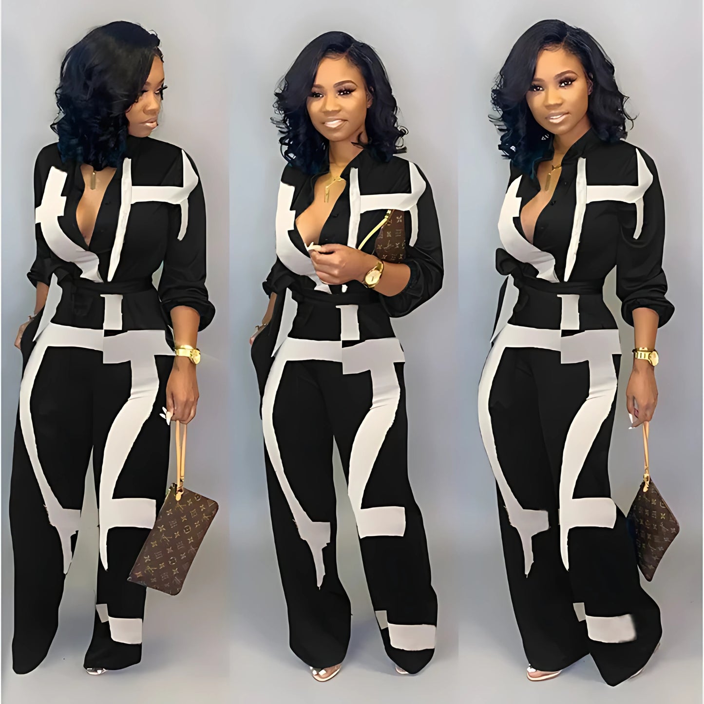 A collage highlighting a trendy black jumpsuit with bold white brushstroke-style accents. The person accessorizes with a gold watch, a dainty necklace, and a small branded brown clutch, styled with glossy curls and metallic open-toe heels.